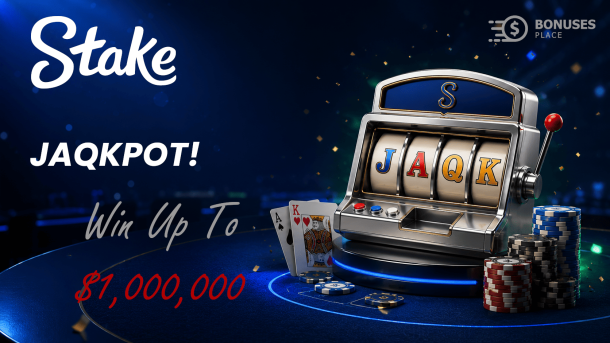 Stake JAQKpot Poker bonus with JAQK machine, poker chips and cards for jackpot Sit & Go prizes